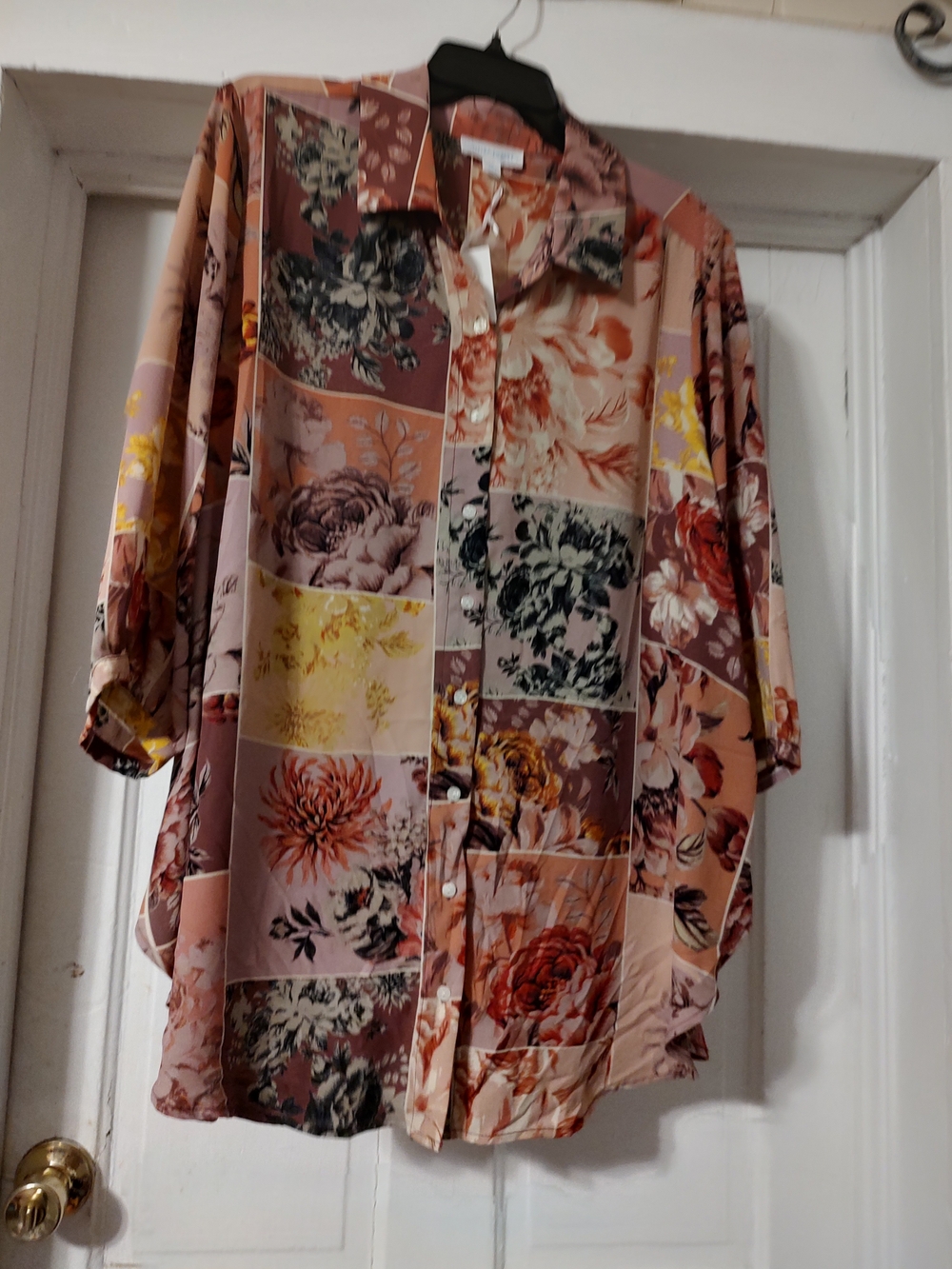 Cynthia Rowley Floral Patchwork Button-Up Shirt in Rose and Peach